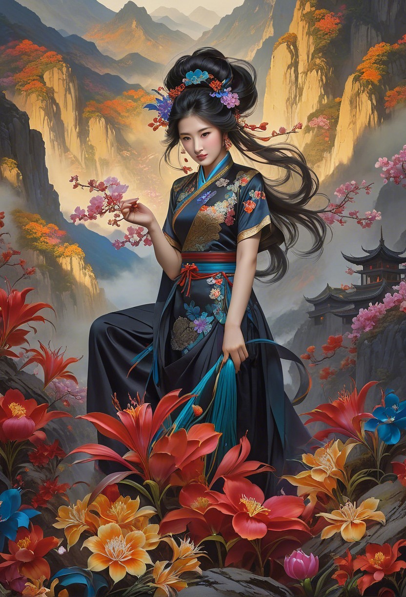 Traditional Kimono in Lush Mountainous Landscape