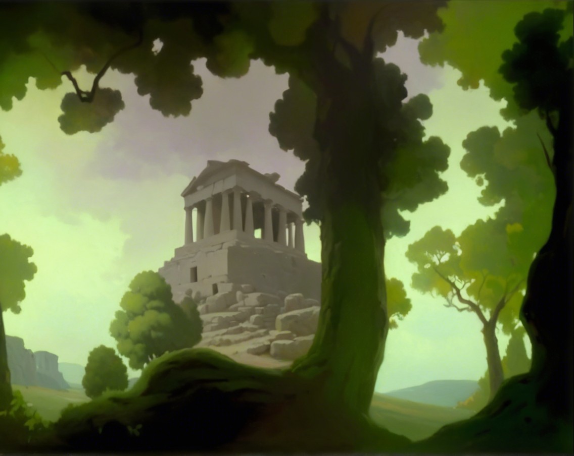 Ancient temple on rocky outcrop with lush surroundings