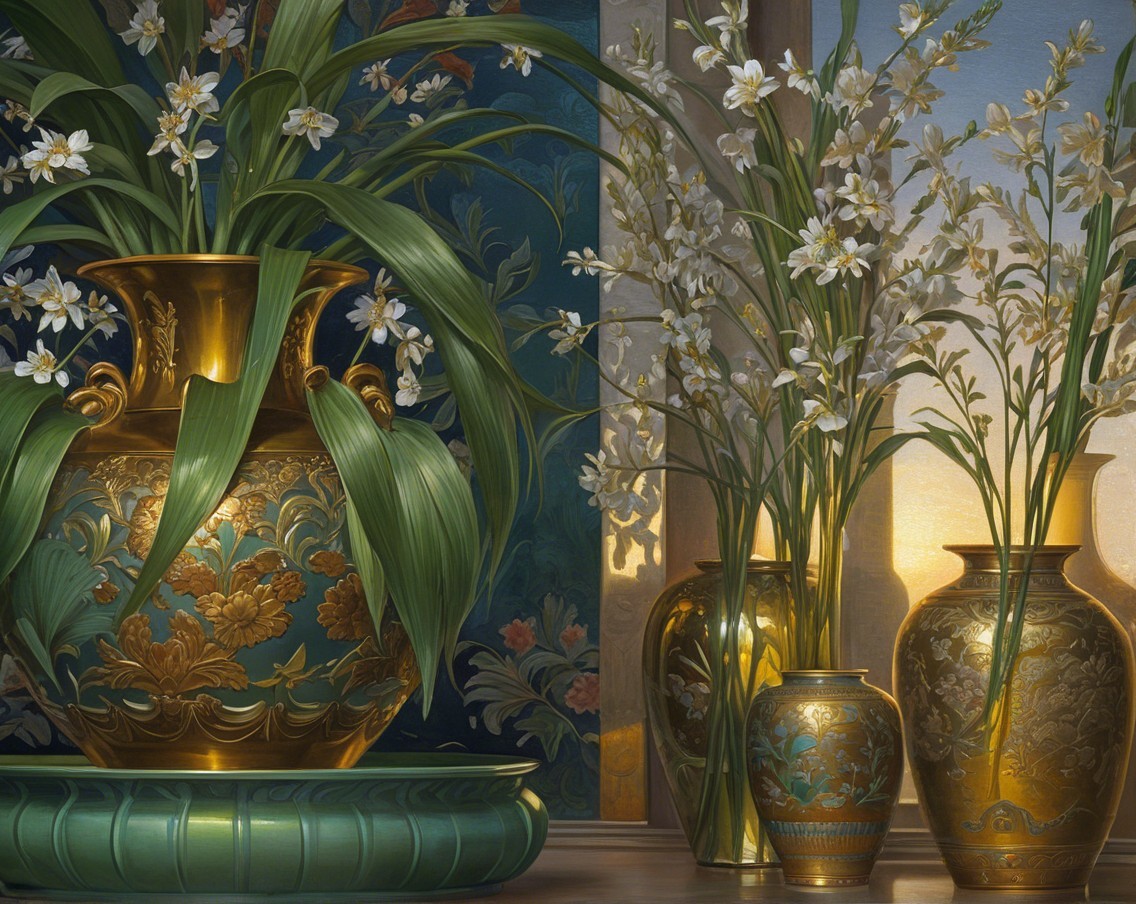 Ornate Vases with Floral Patterns in Soft Light Still Life