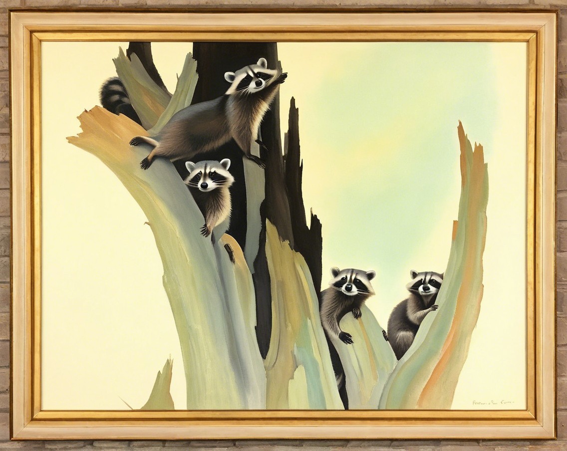 Three Raccoons Climbing Stylized Trees in Pastel Hues