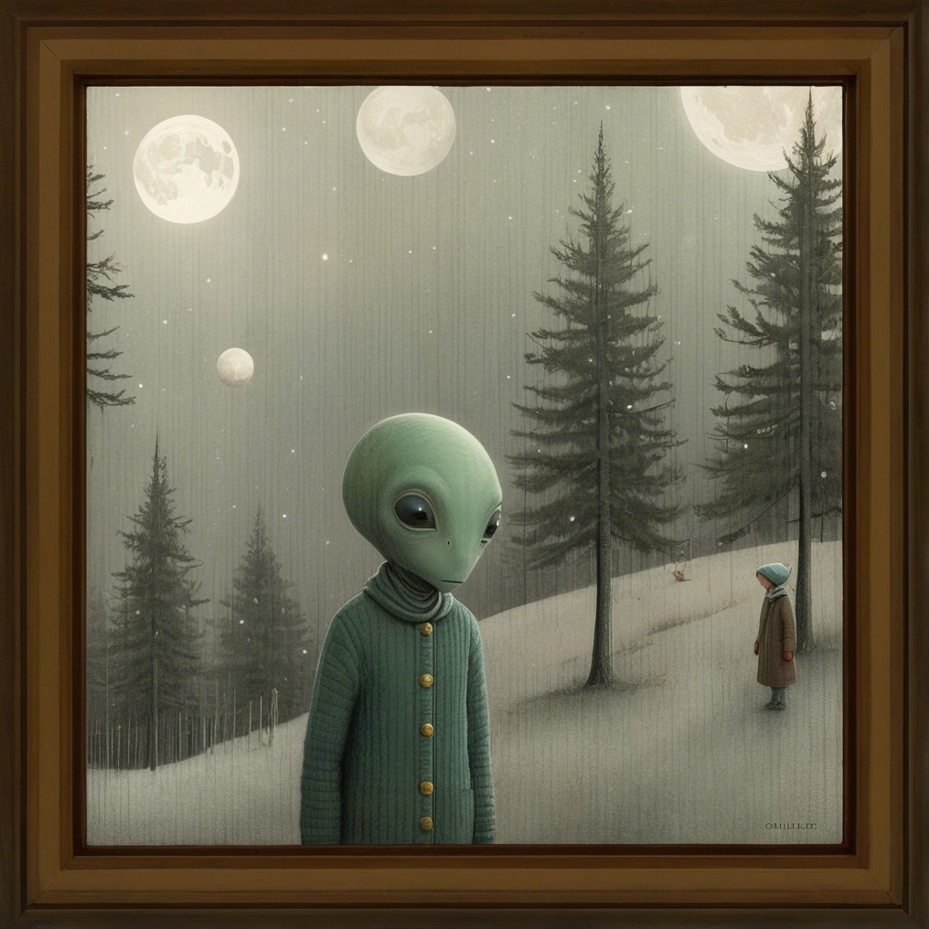 Cartoon Alien in Snowy Forest with Full Moons