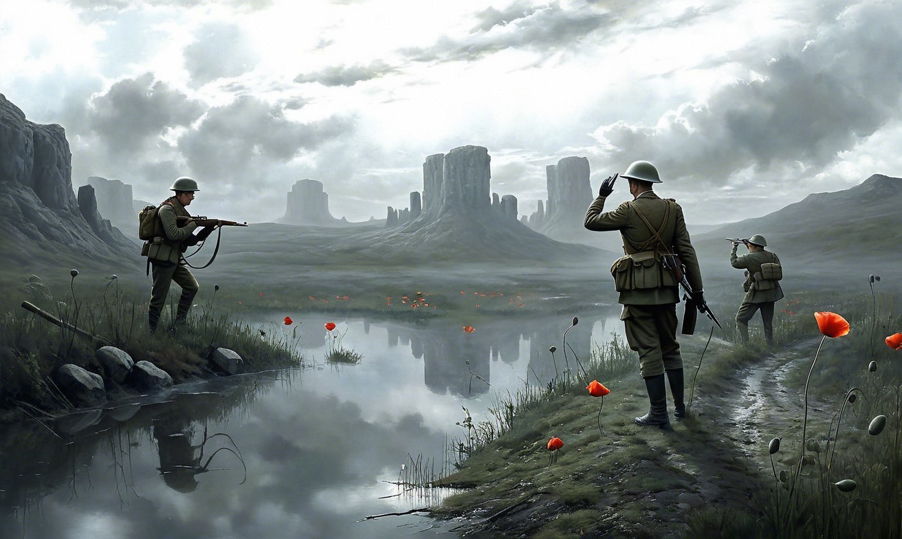 Soldiers in Historical Uniforms in Misty Landscape