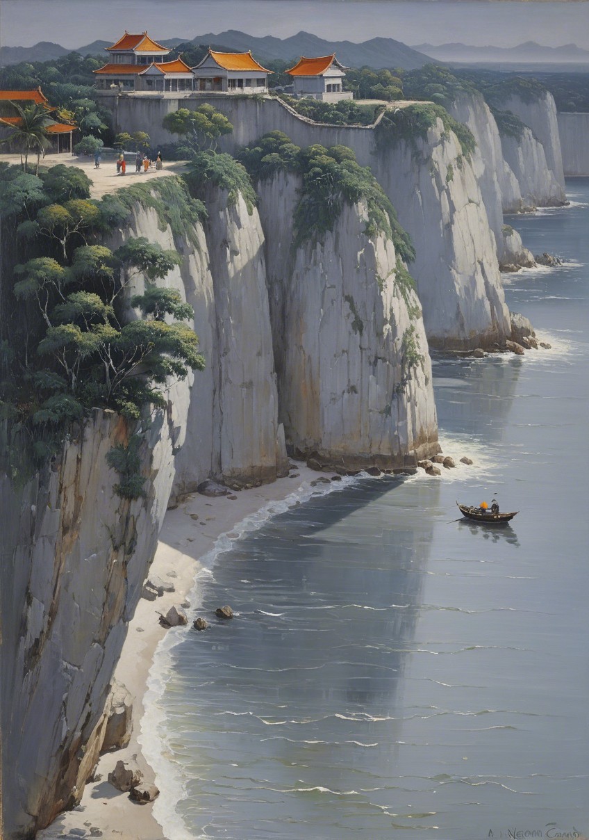Coastal Scene with Cliffs, Village, and Calm Waters