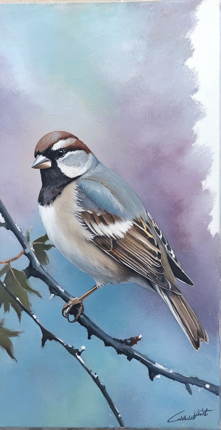 Detailed Bird on Branch with Soft Pastel Background