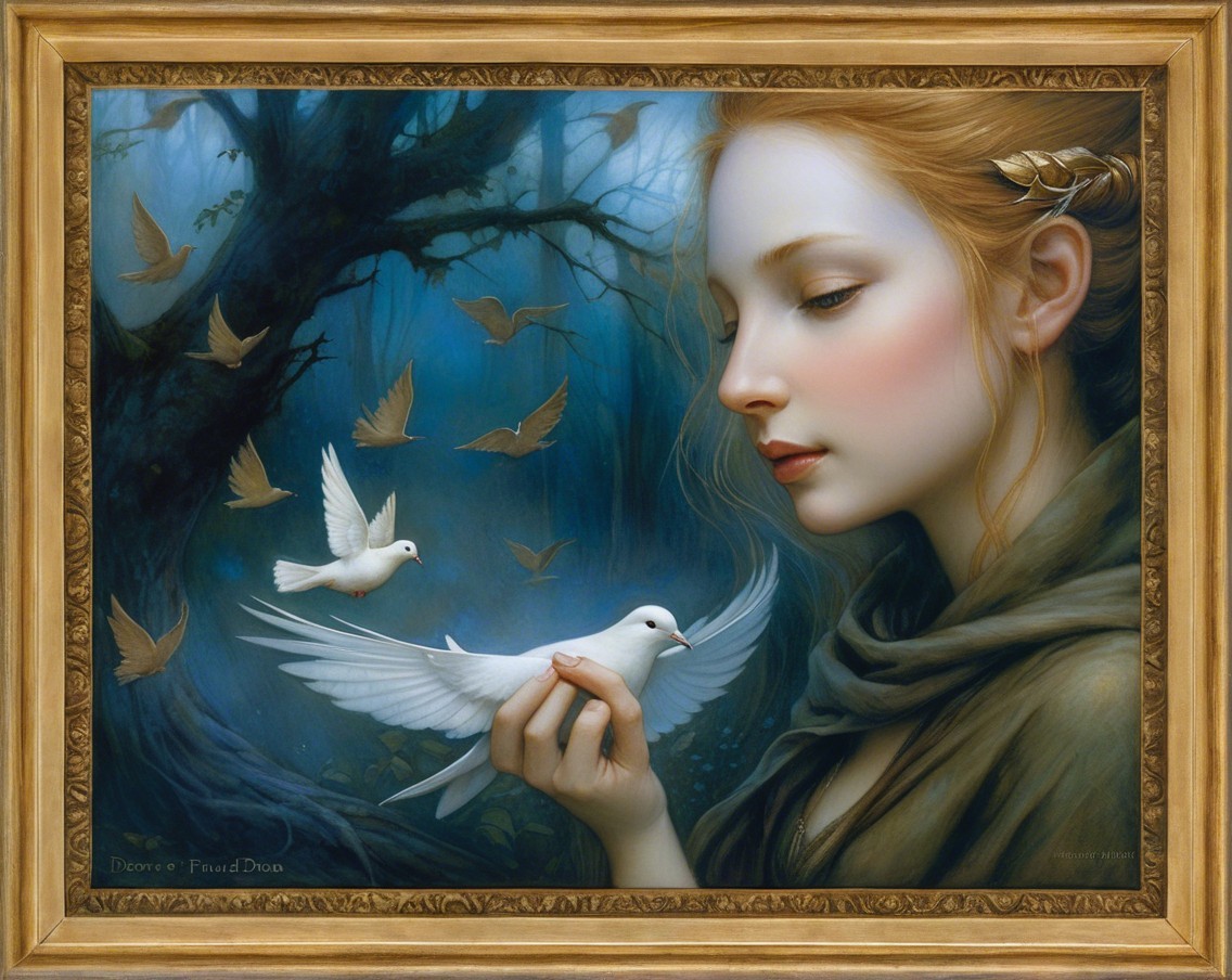 Young woman with dove in a tranquil forest setting