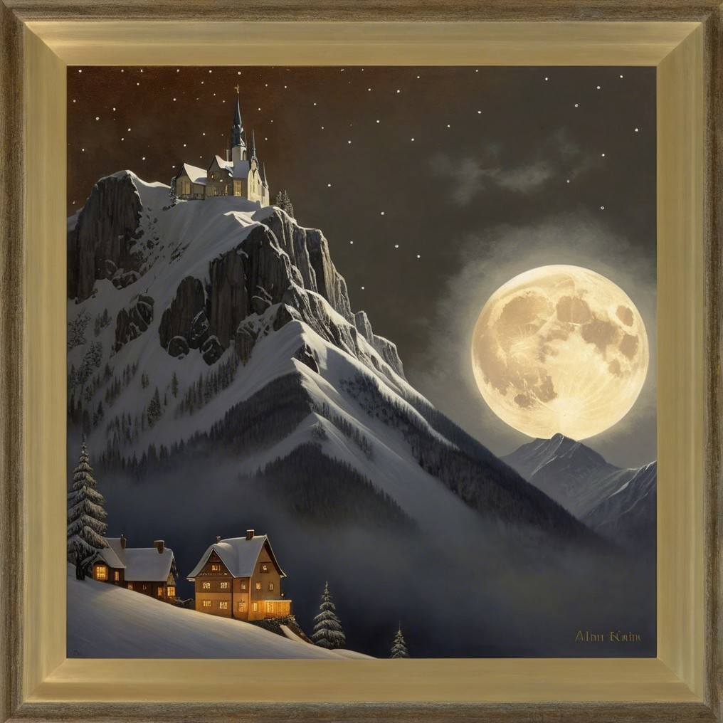 Dark Moody Painting of Snow-Capped Mountain Scene