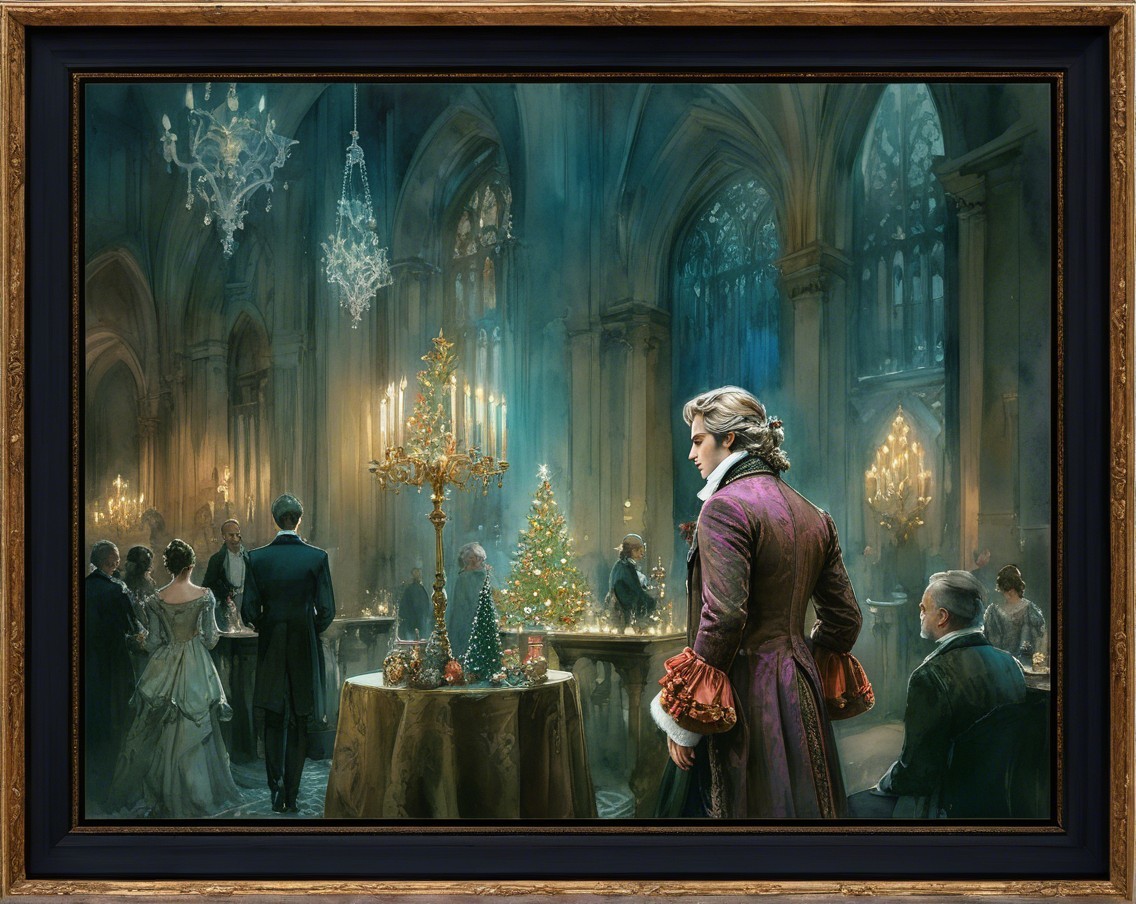 Festive Gathering in a Grand Dimly Lit Hall