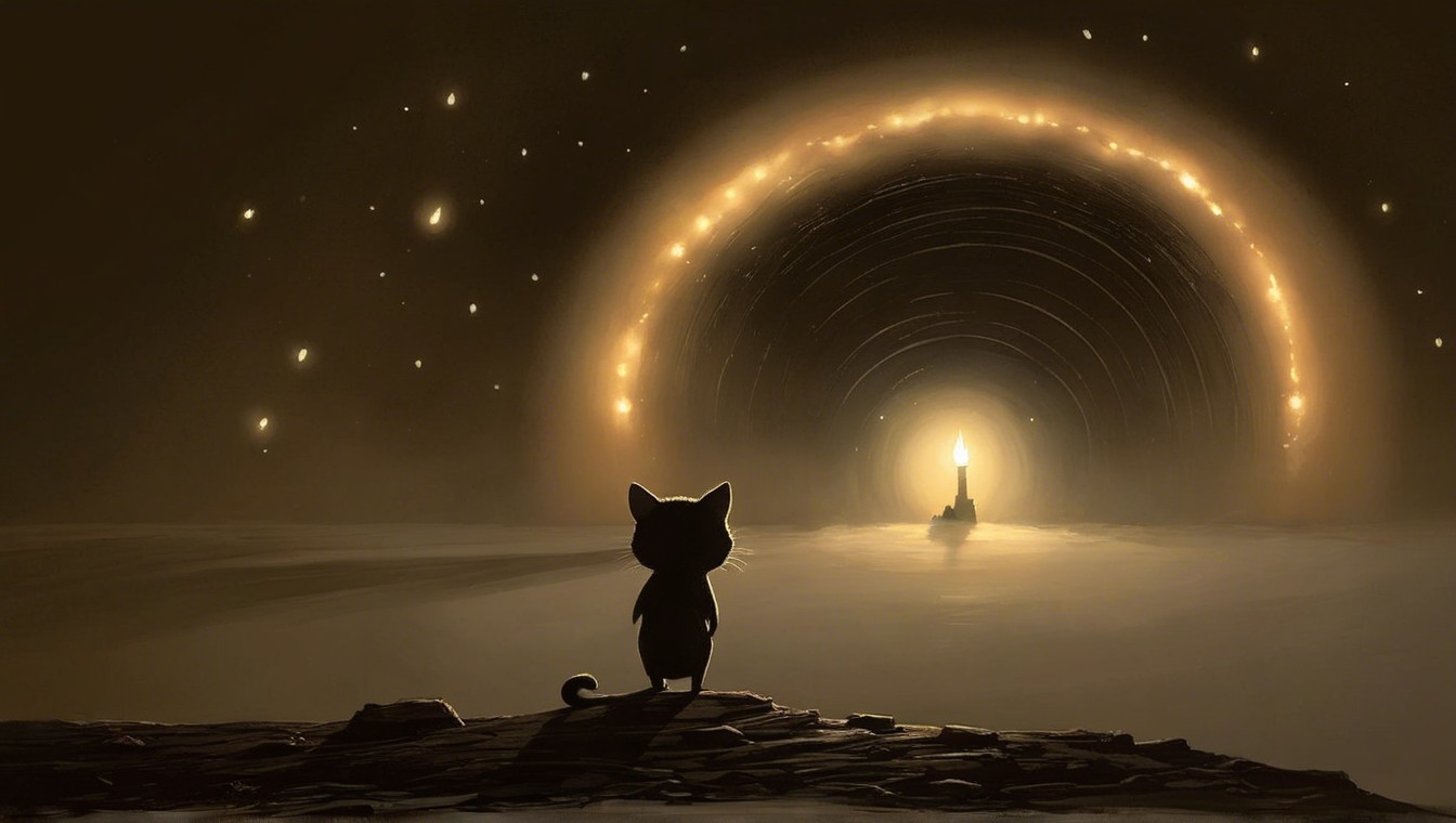 Silhouette of a Cat by a Glowing Circular Portal