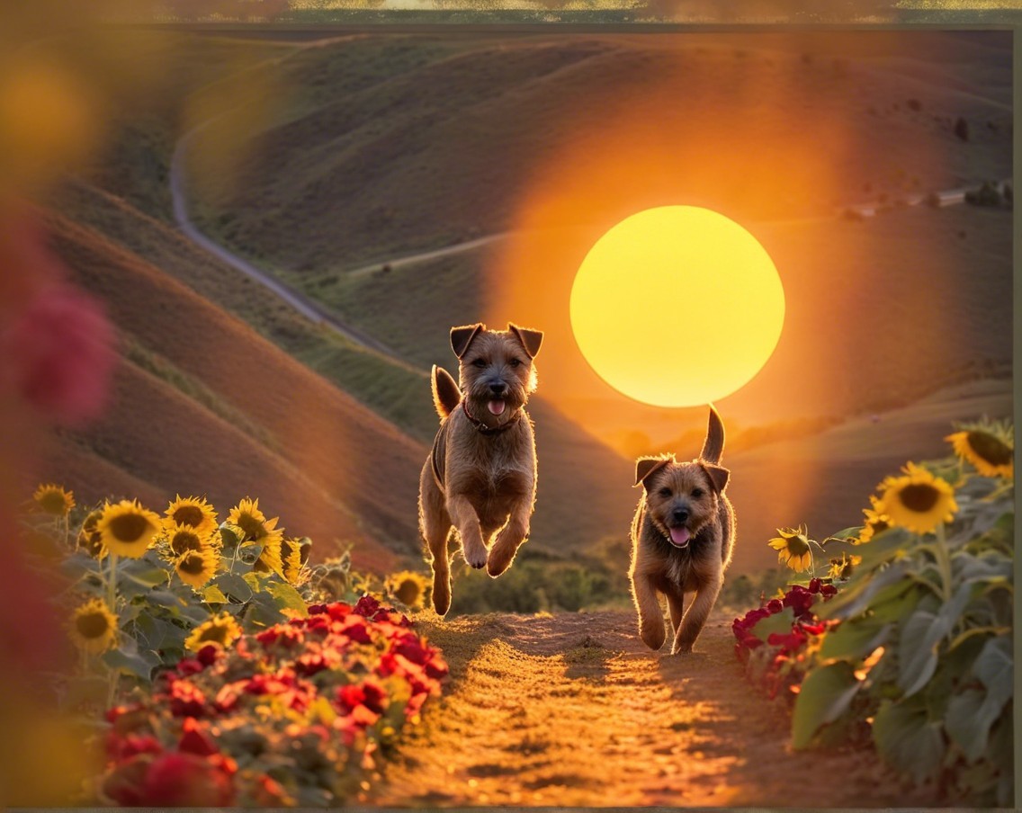 Joyful dogs running on a flower-lined path at sunset