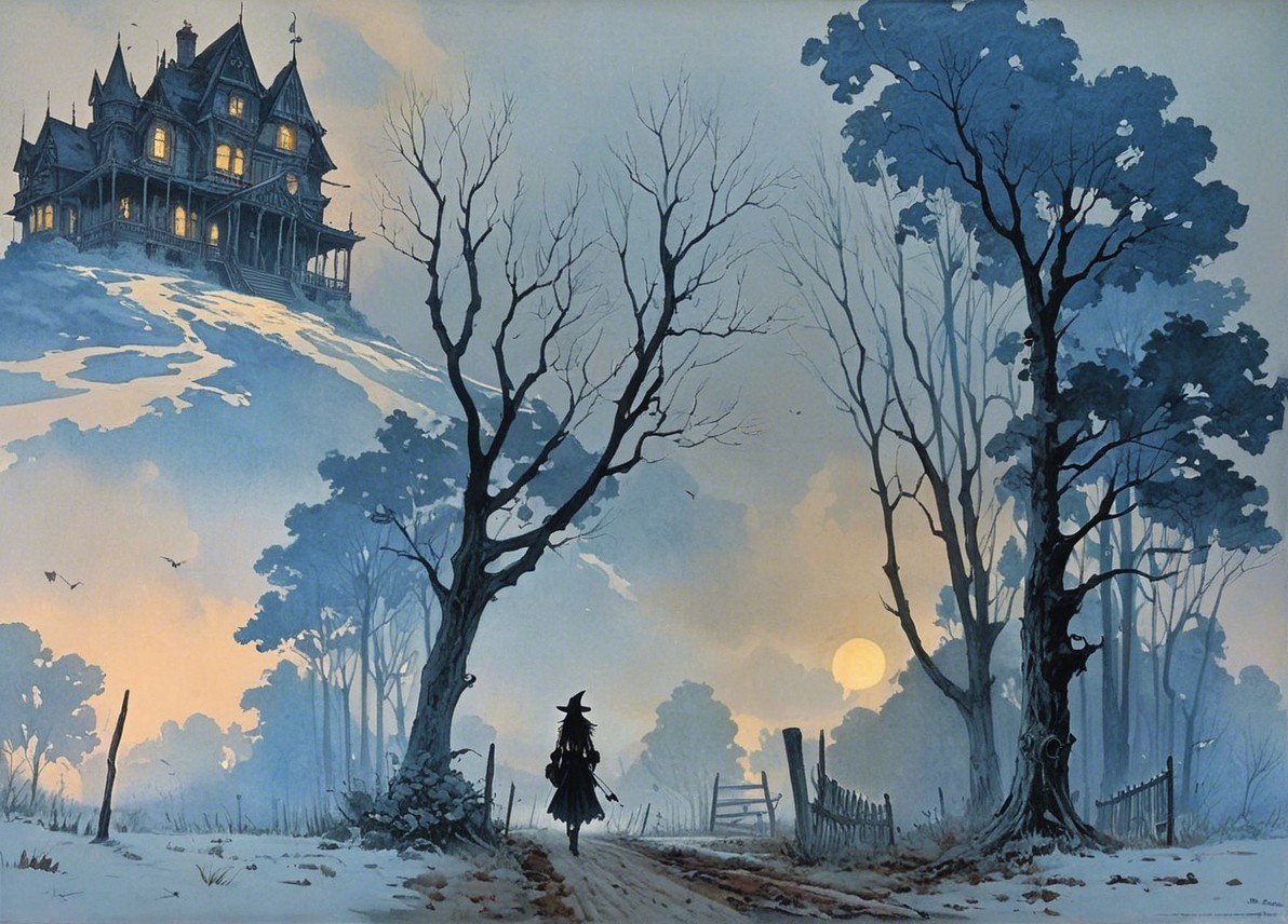 Witch Walking on Snowy Path to Eerie Mansion