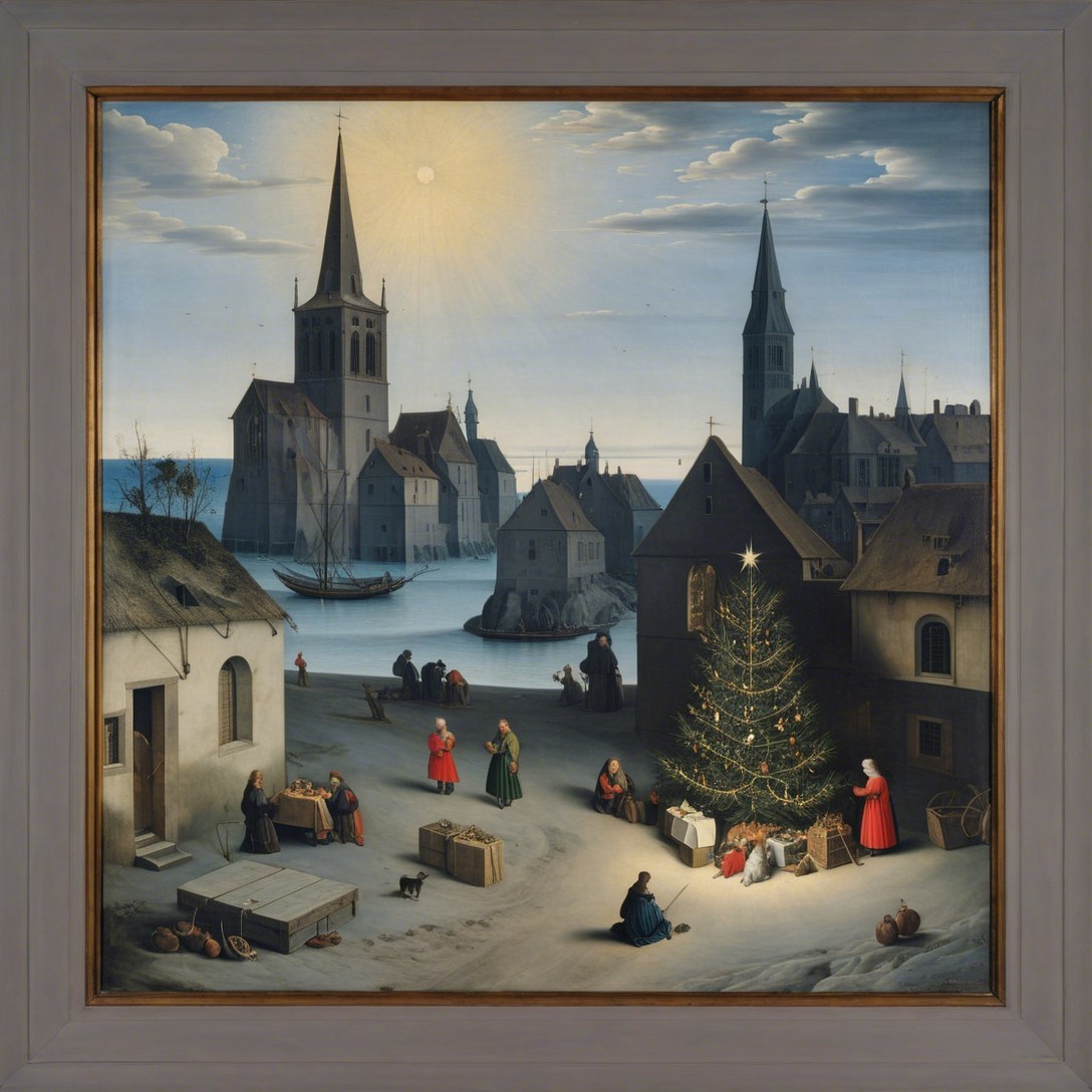 Landscape painting featuring a city by water with a tree