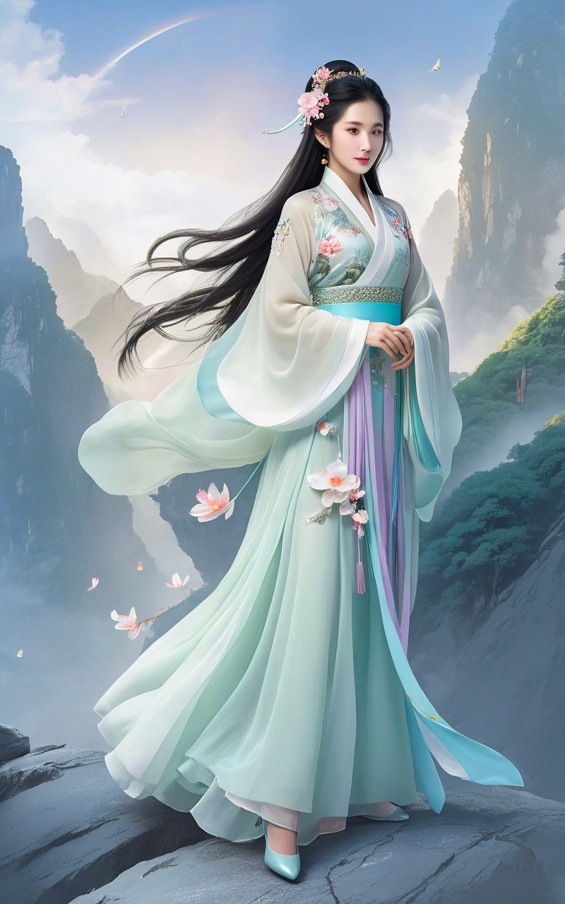 Graceful Woman in Mint-Green Traditional Dress