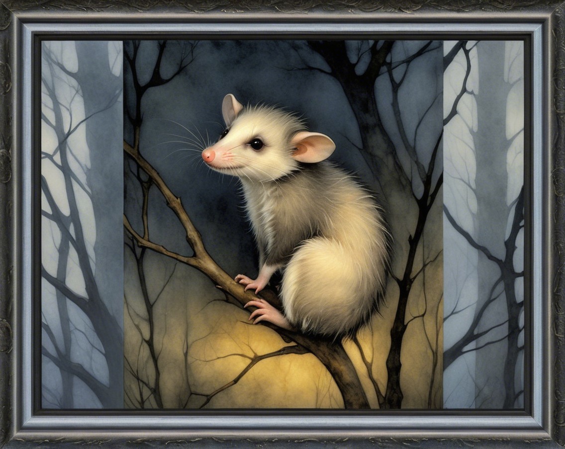 Close-up Artwork of Opossum in Misty Forest