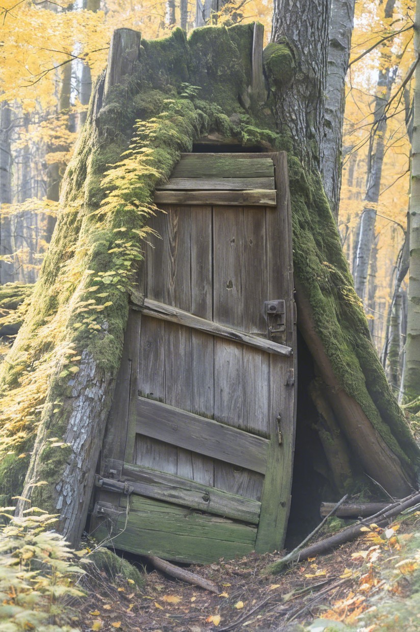 Wooden Door in Tree Stump Surrounded by Autumn Foliage