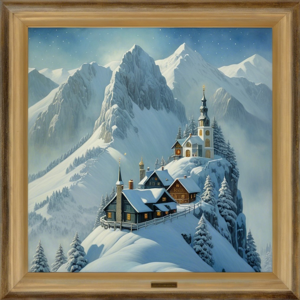 Oil Painting of a Snow-Covered Swiss Alpine Village