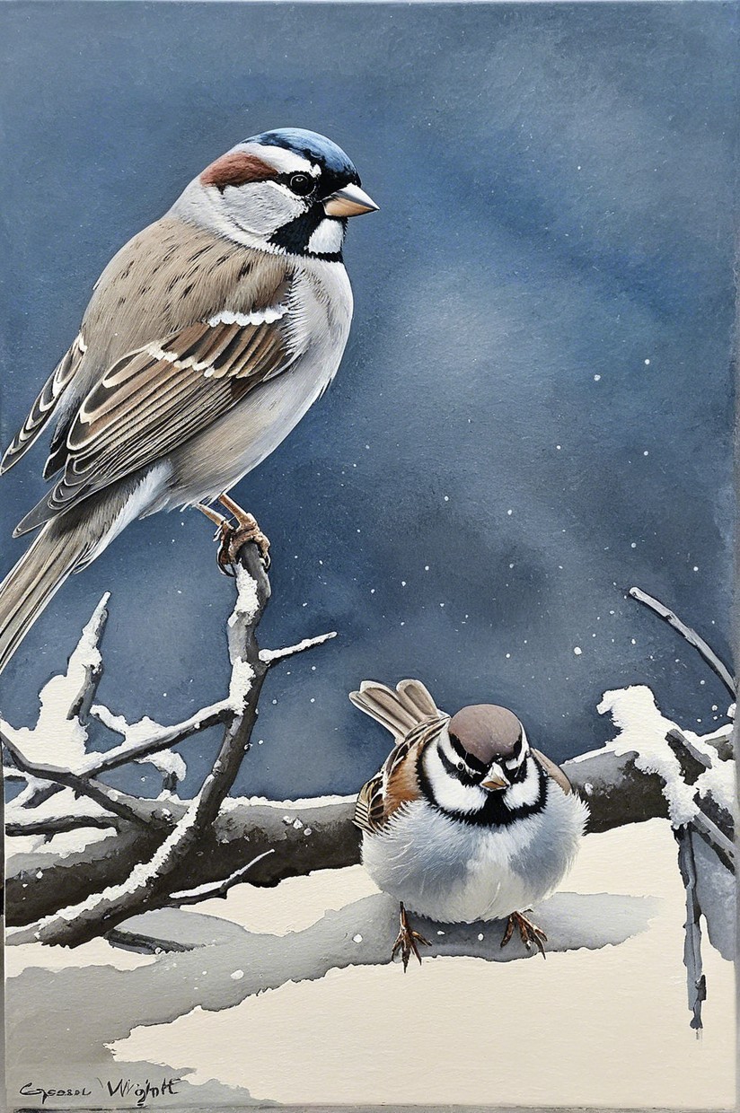 Sparrows on Snowy Branches in Winter Scene