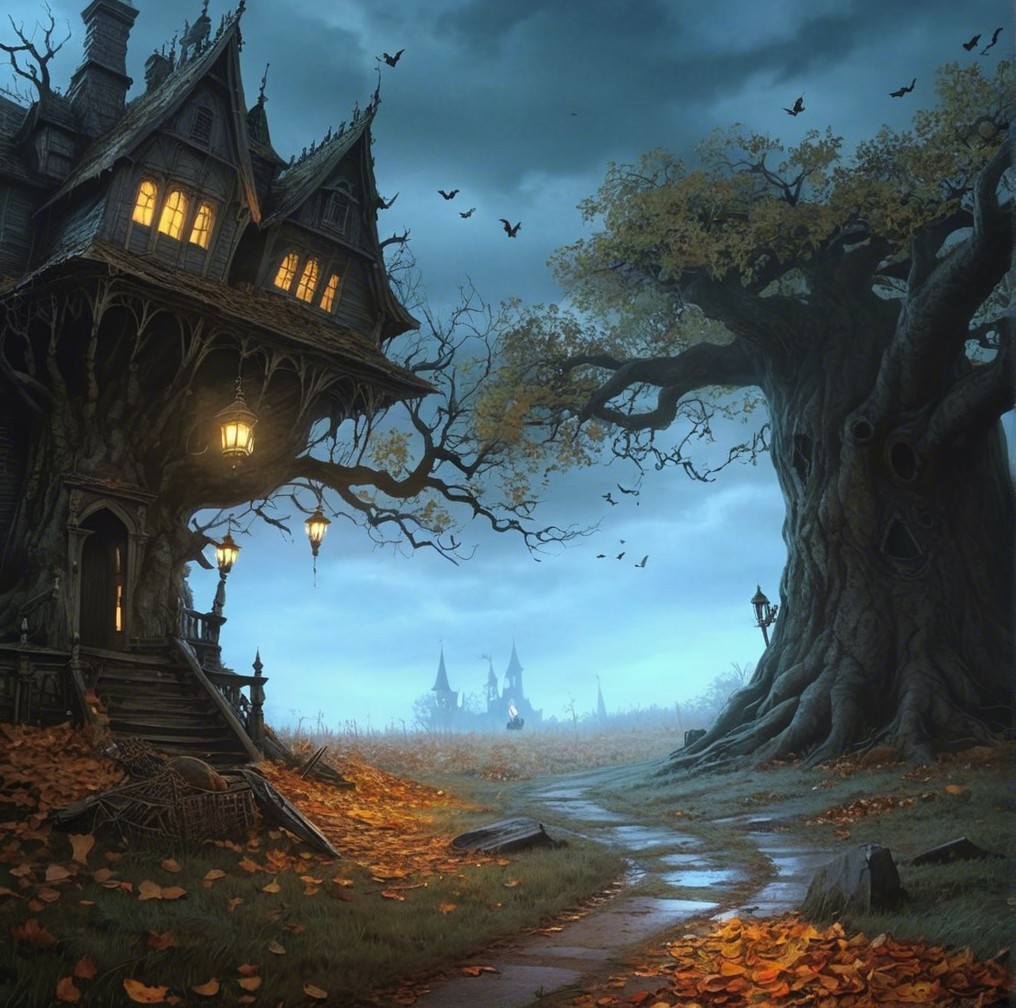 Gothic Mansion Surrounded by Autumn Leaves and Mist