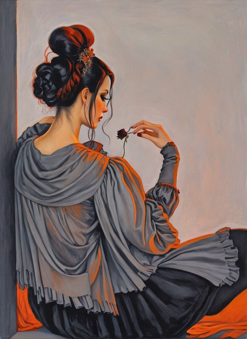 Elegant Woman in Gray Garment with Dark Rose