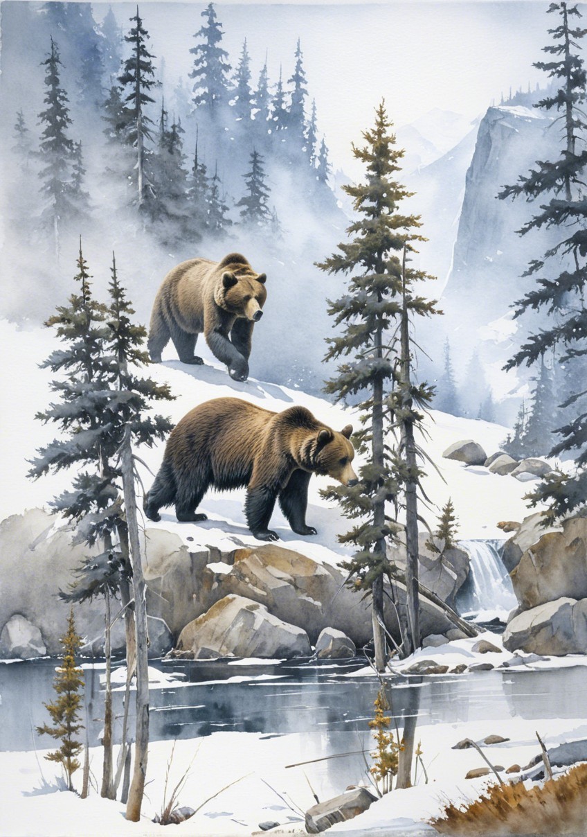 Grizzly Bears in a Snowy Mountain Landscape