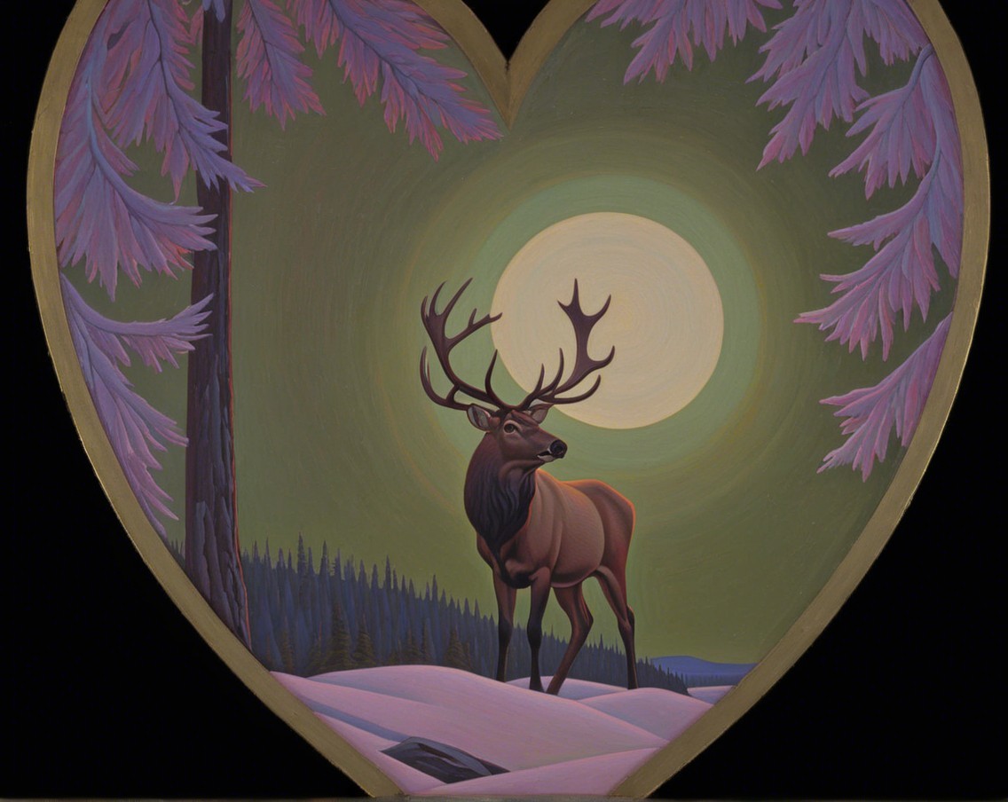 Heart-Shaped Painting of Deer in Snowy Landscape
