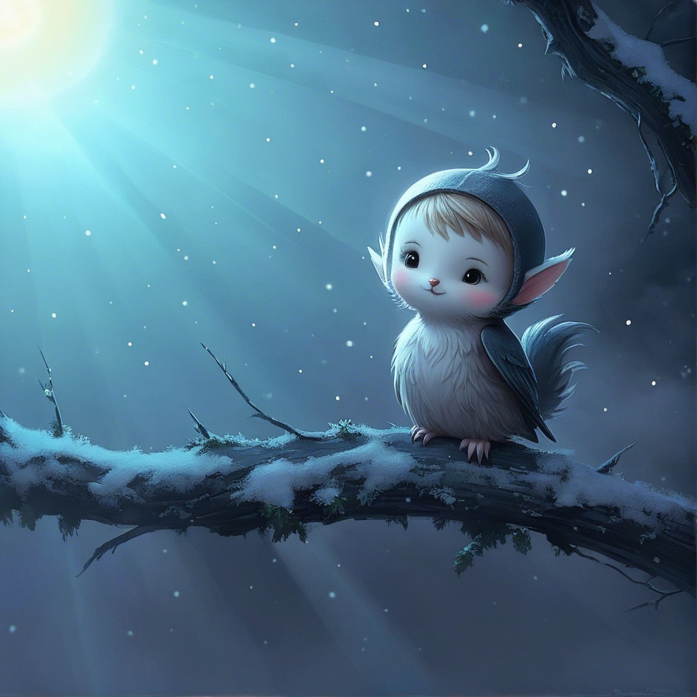 Whimsical creature on snow-dusted branch at night