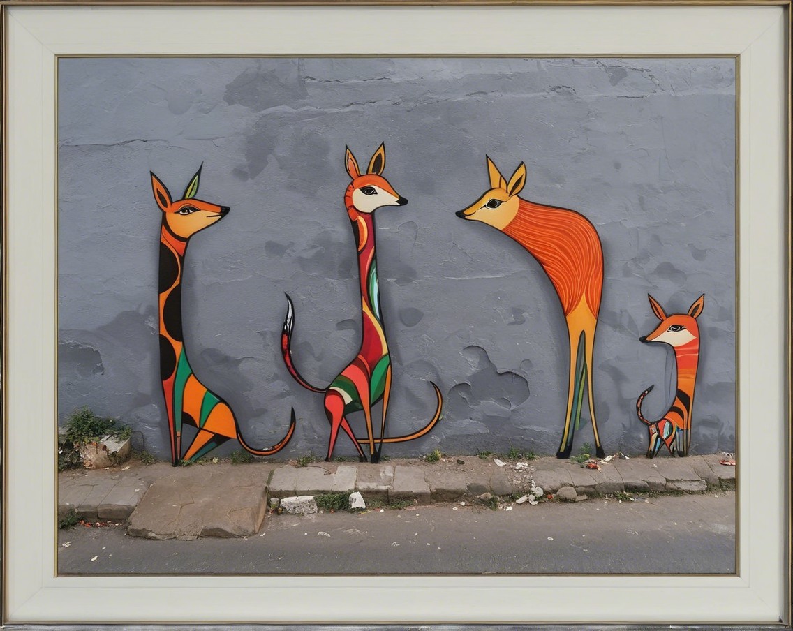 Vibrant Mural of Abstract Foxes on Gray Wall