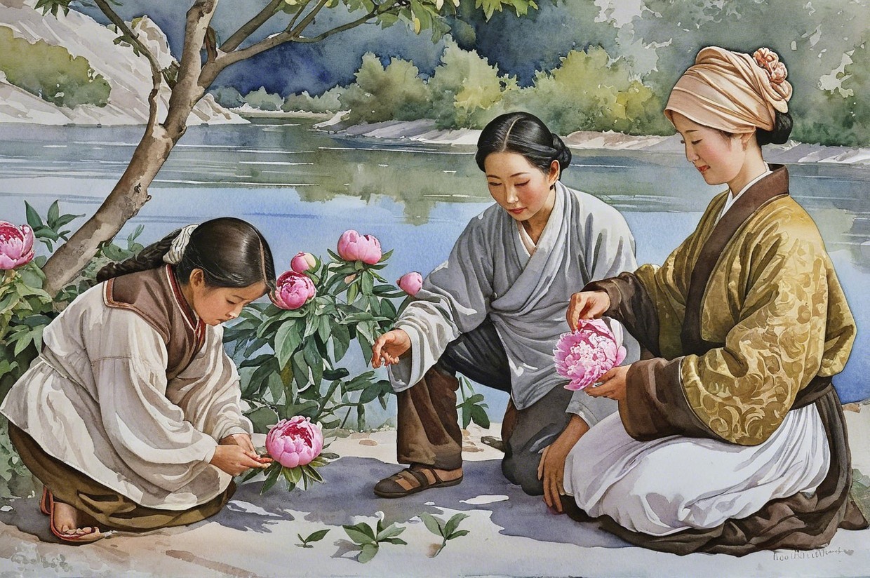 Women in Traditional Attire by a Serene River