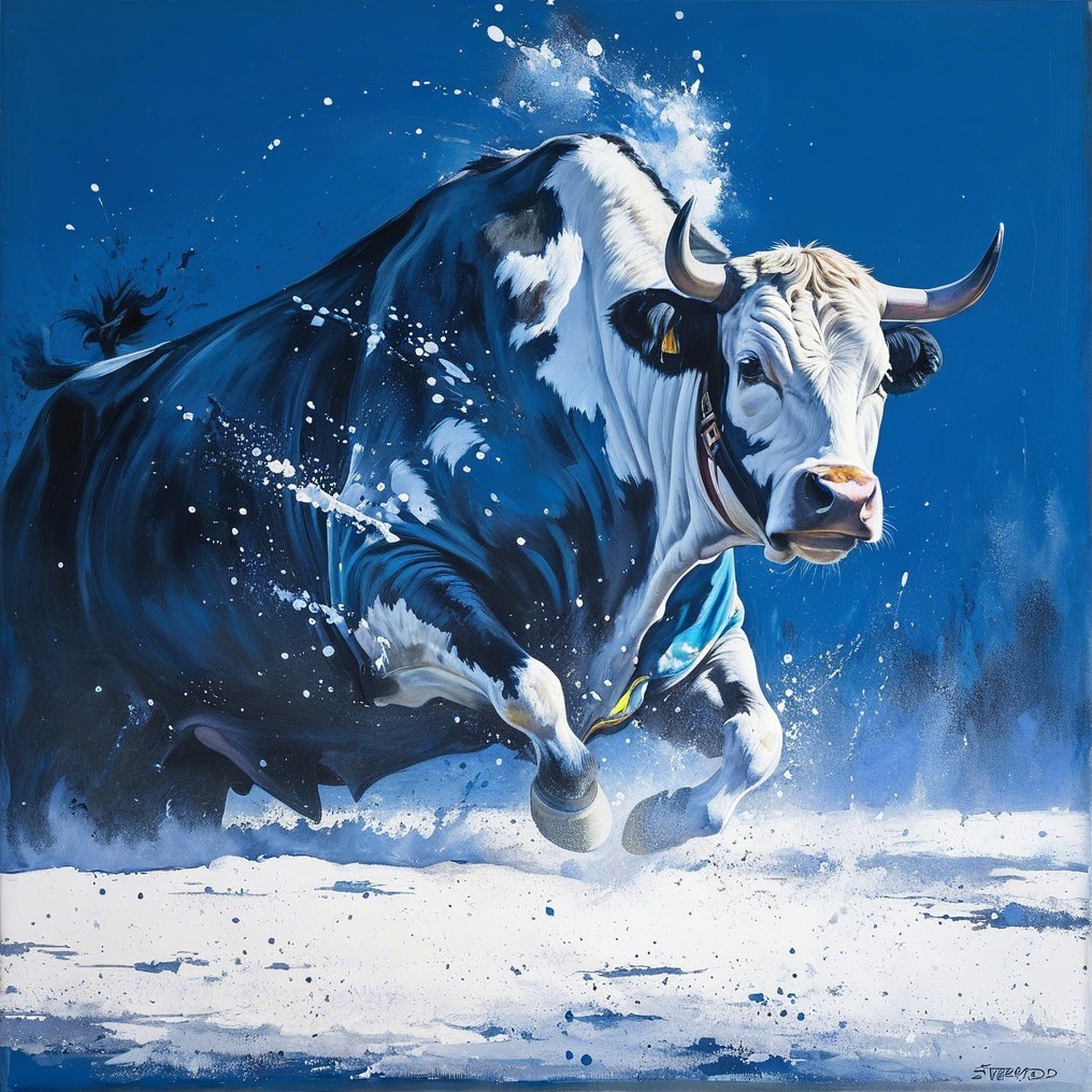 Dynamic Painting of a Galloping Cow in Snowy Landscape