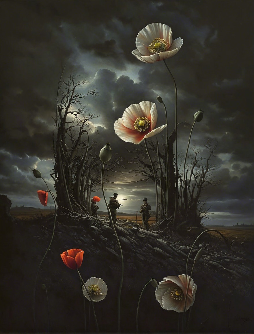 Dramatic Landscape of Poppies and Soldiers in Turmoil