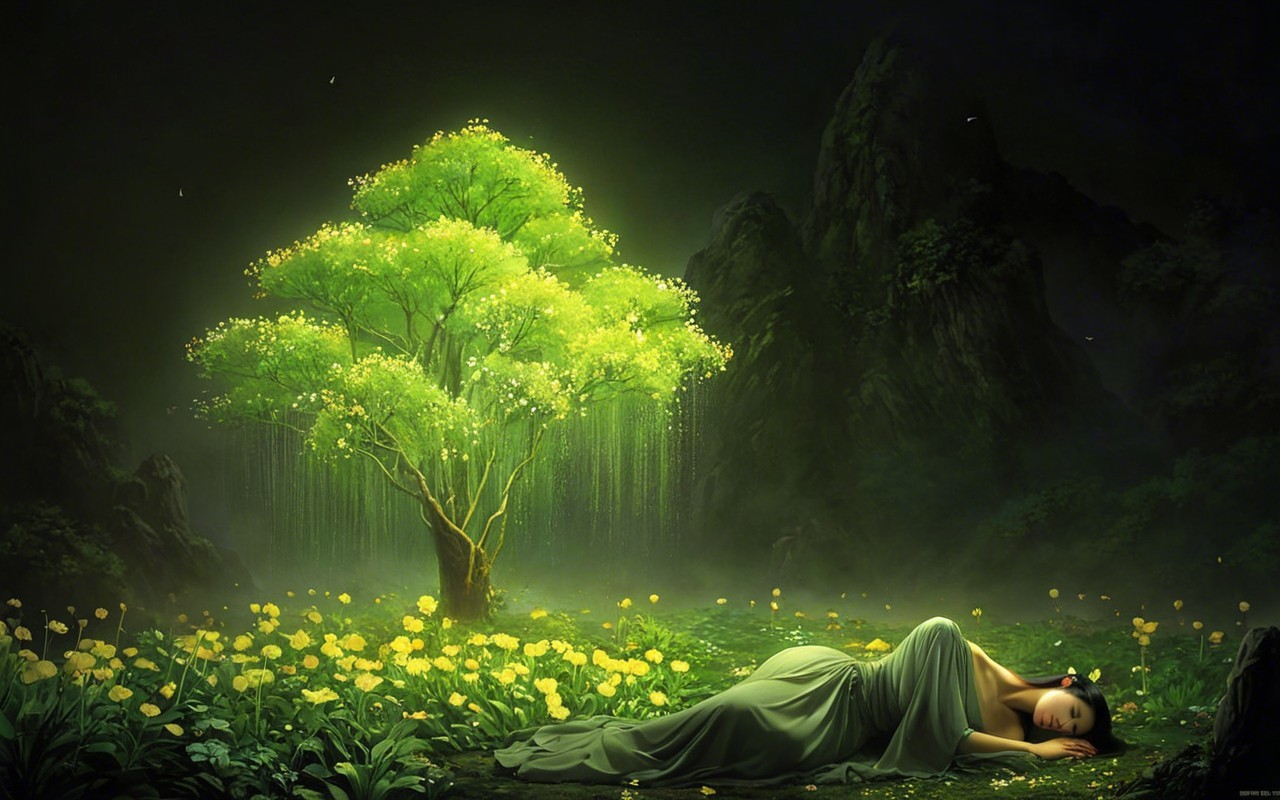 Serene Woman in Flowing Garments on Lush Meadow