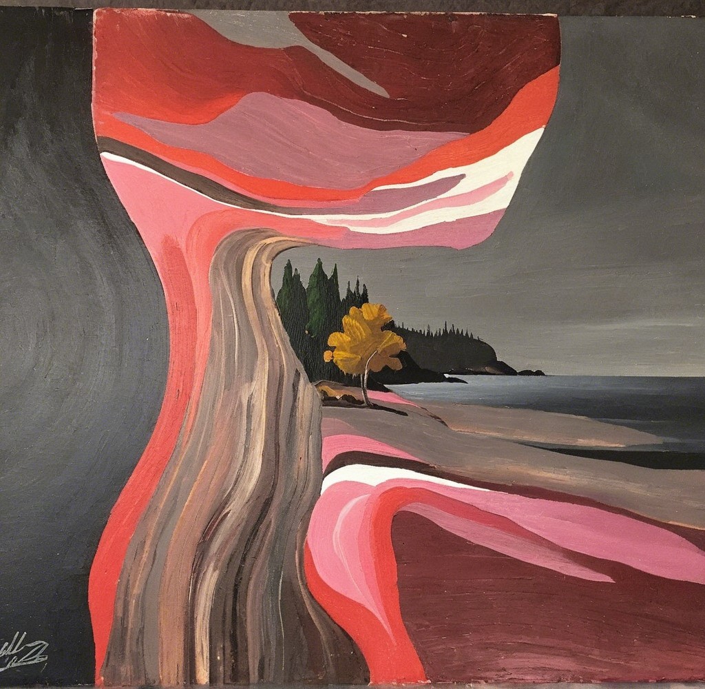 Abstract Landscape with Bold Colors and Coastal Scene