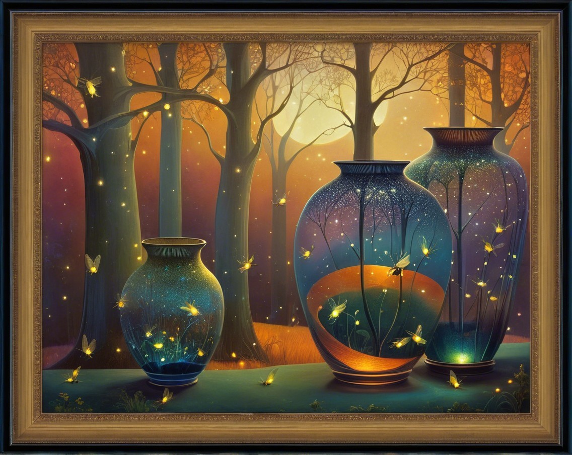 Serene Forest Scene with Ornate Vases at Dusk
