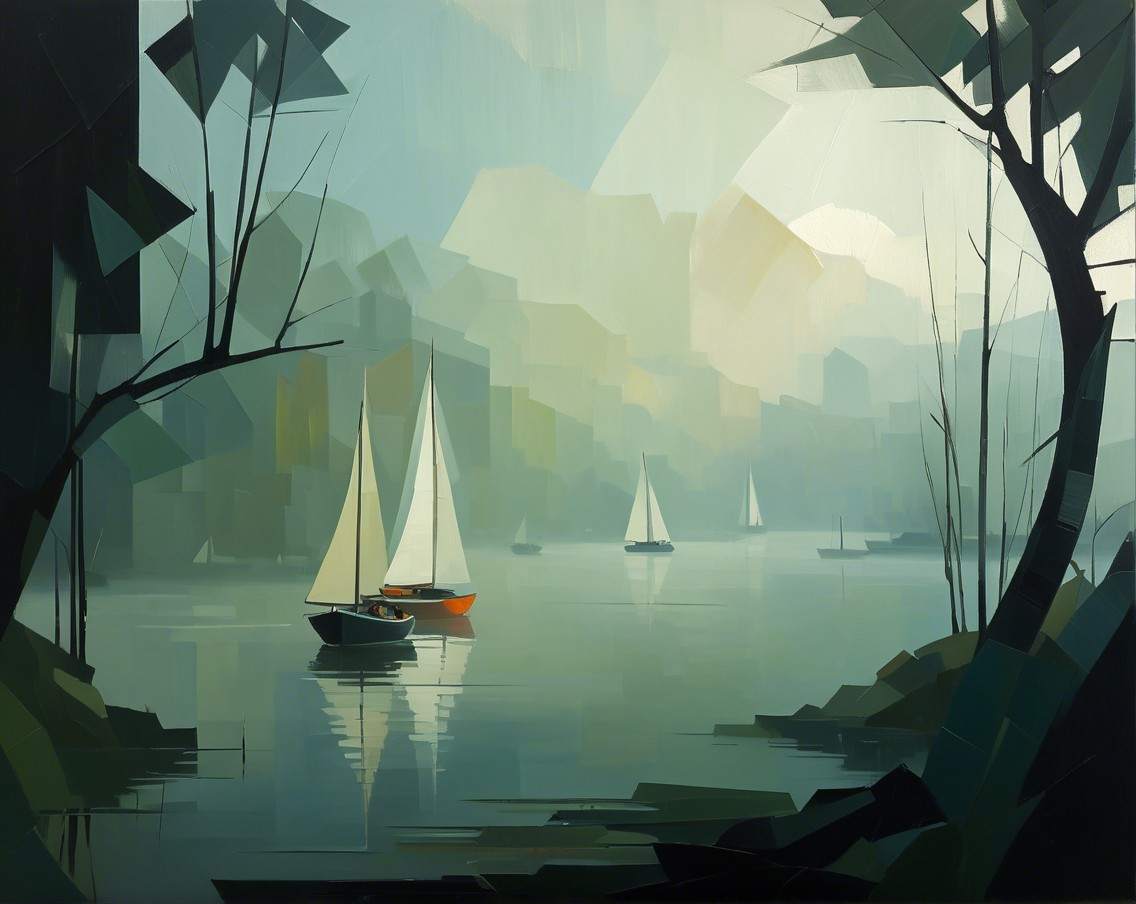 Abstract Landscape with Sailboats and Tranquil Water