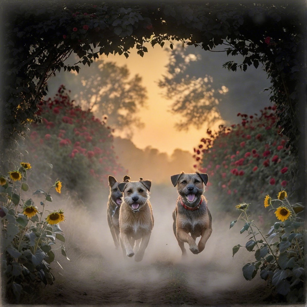 Joyful dogs running in a lush garden at sunset