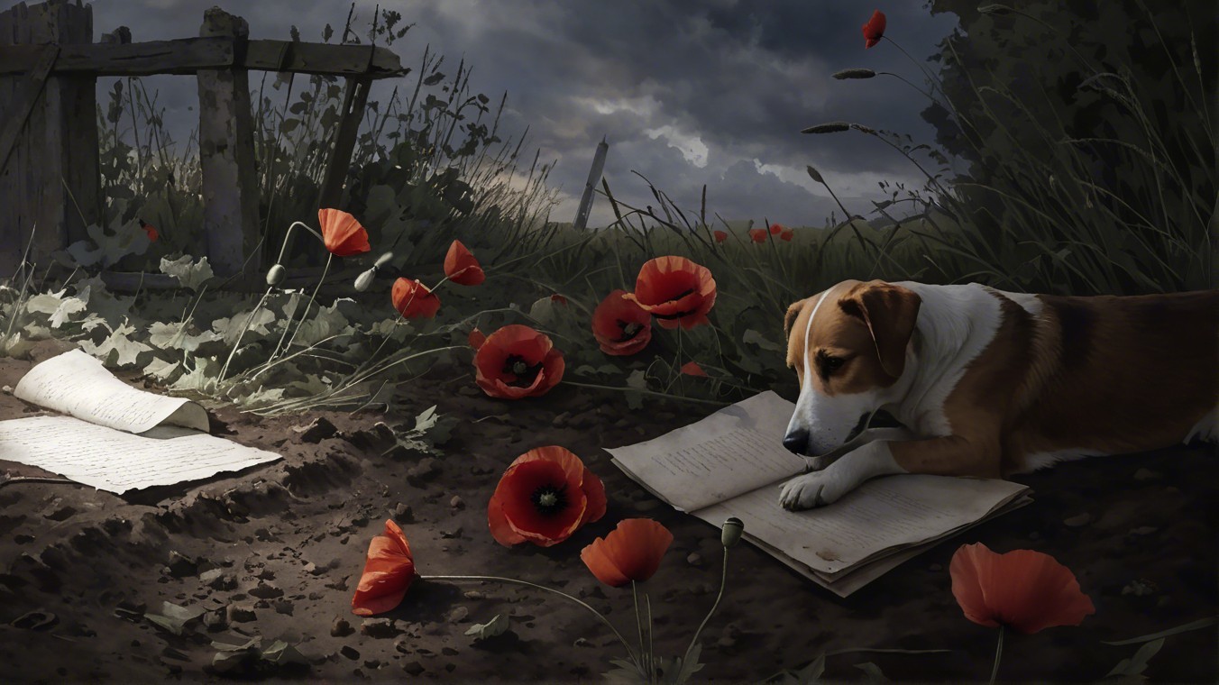 Dog Resting Among Music Sheets and Poppy Flowers