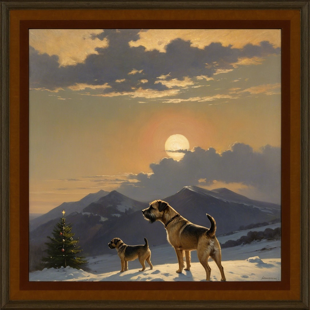 Border Terriers in Snowy Mountain Landscape at Sunset