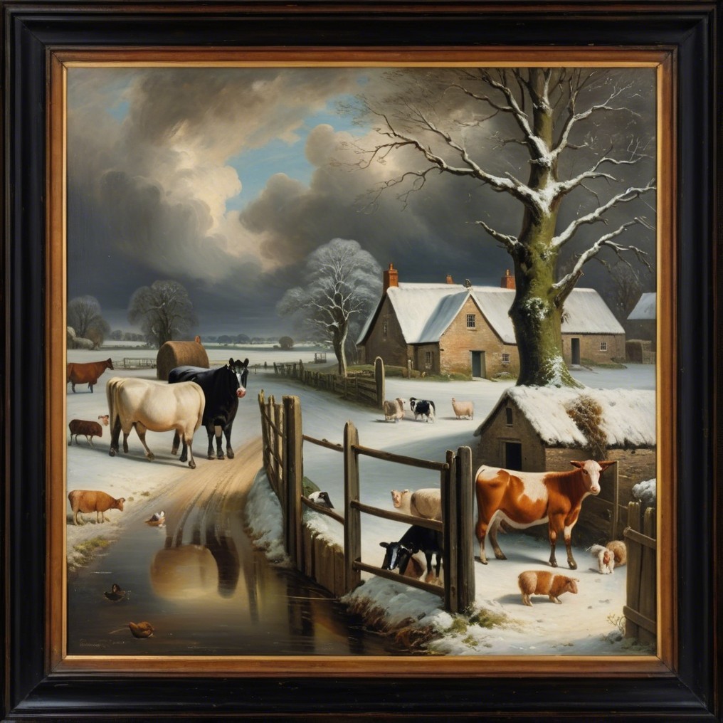 Serene Winter Landscape with Countryside and Livestock