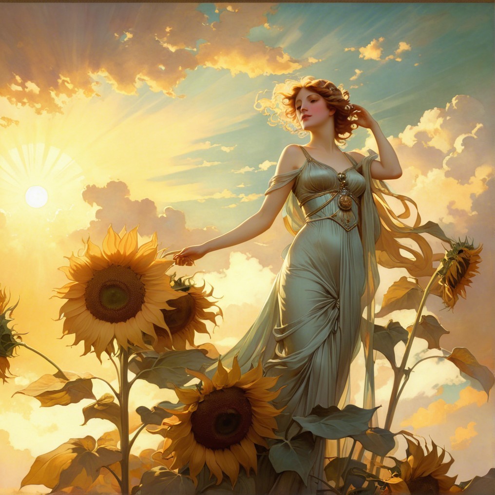 Woman in flowing gown among towering sunflowers
