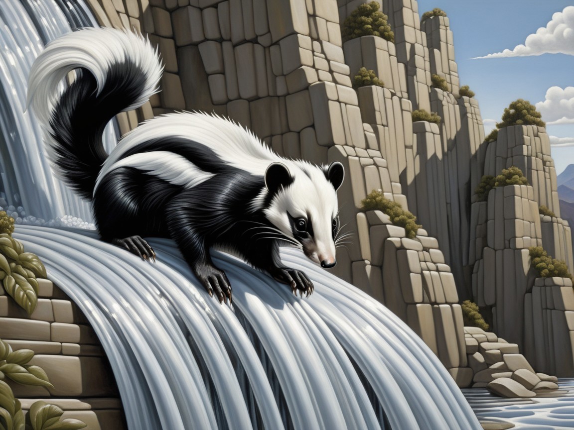 Stylized Illustration of a Badger by a Waterfall
