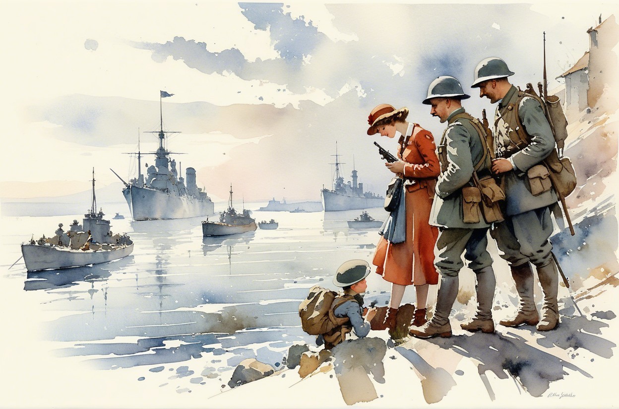 Coastal Scene with Soldiers and a Woman in Red Dress