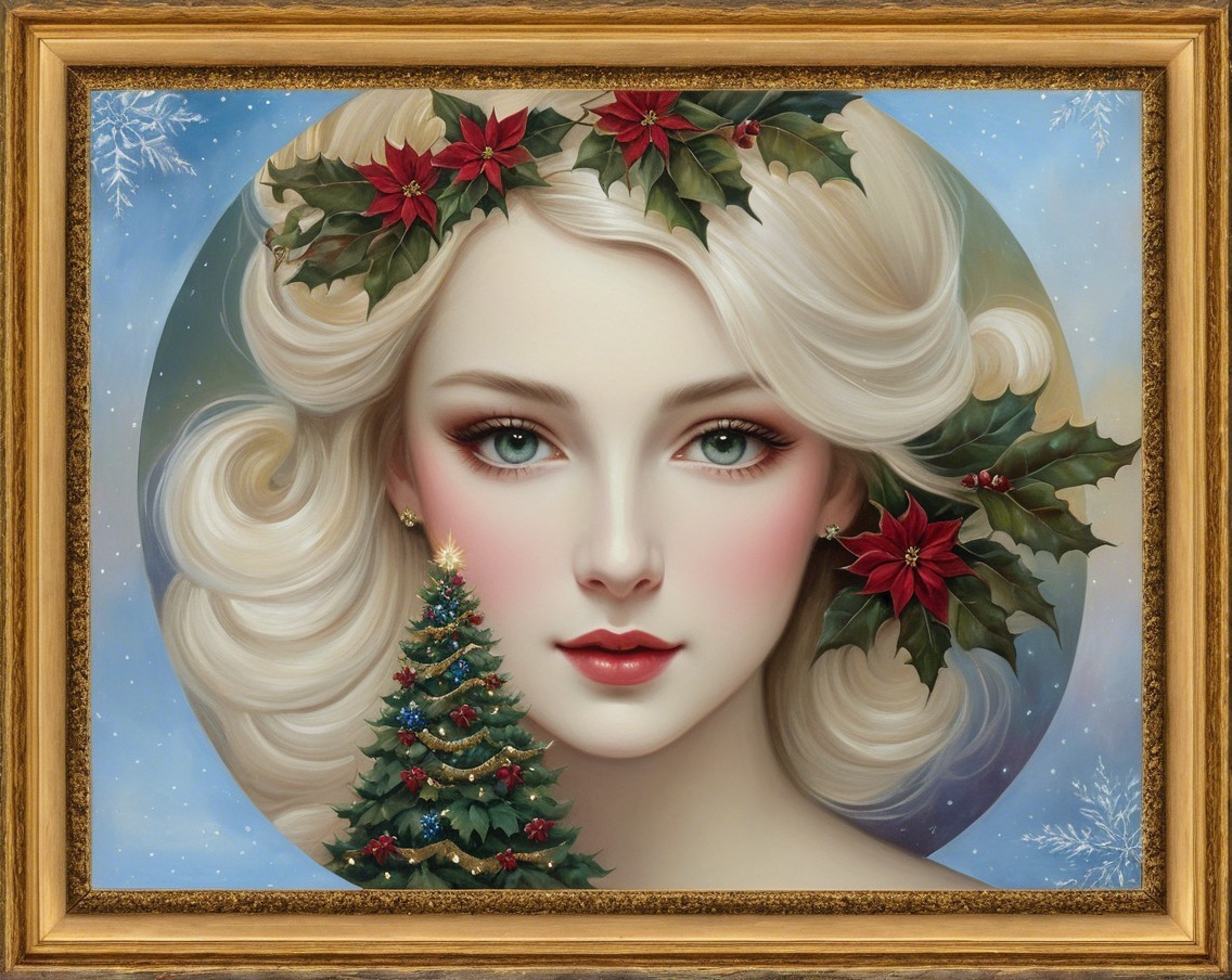Portrait of a Woman with Blonde Hair and Christmas Tree