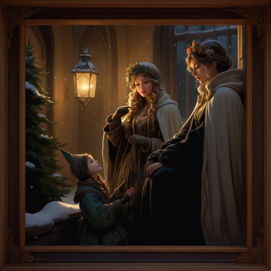 Vintage Painting of Three Figures in Snowy Setting