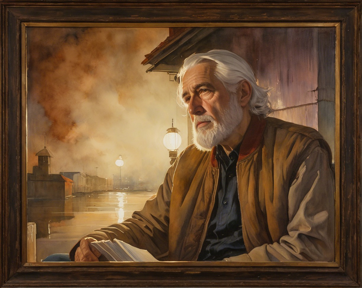 Oil Painting of an Older Man in a Nighttime Scene