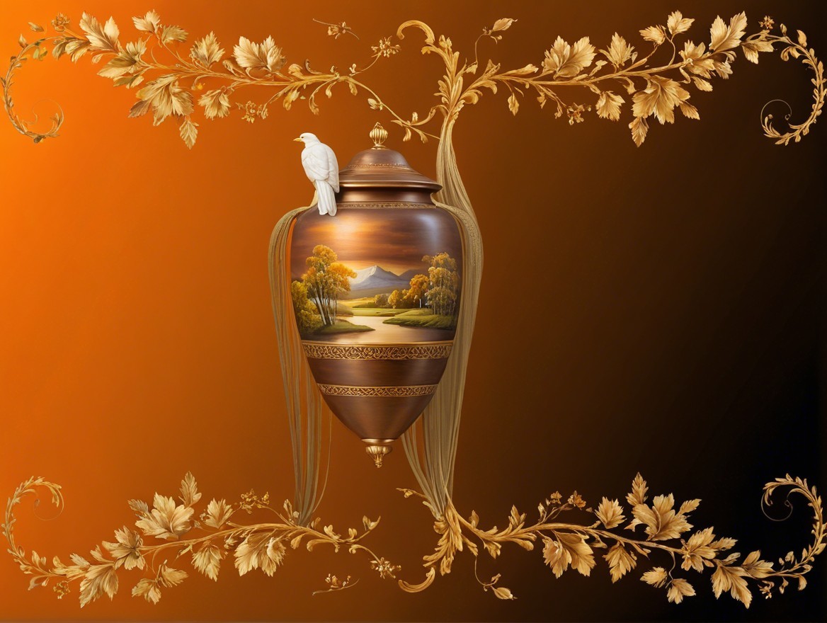 Elegantly Designed Urn with Serene Landscape and Bird