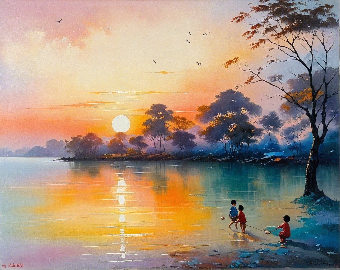 Serene Sunset Over a Calm Lake with Children Playing