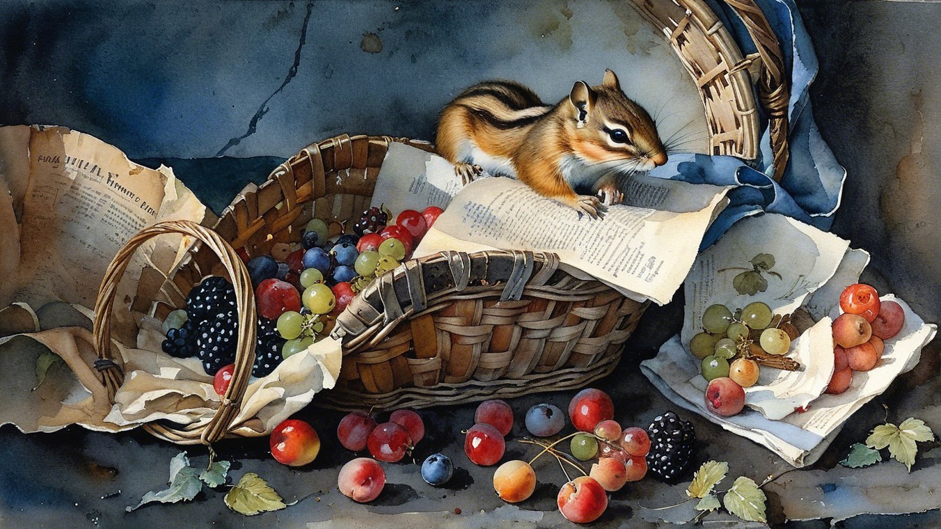 Watercolor Still Life of Chipmunk and Fruits