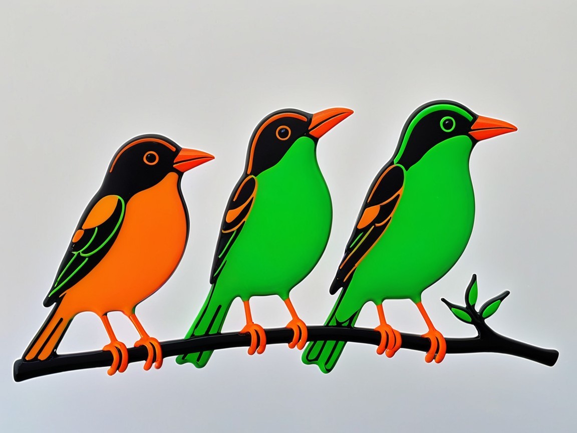 Stylized Birds Perched on a Branch with Bold Colors
