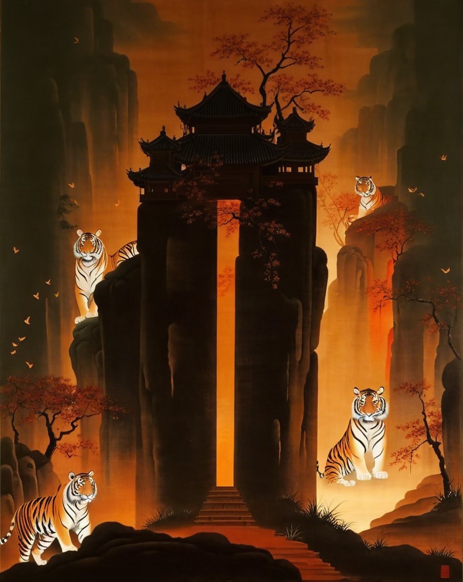 Majestic Tigers Surrounding Ancient Building in Nature