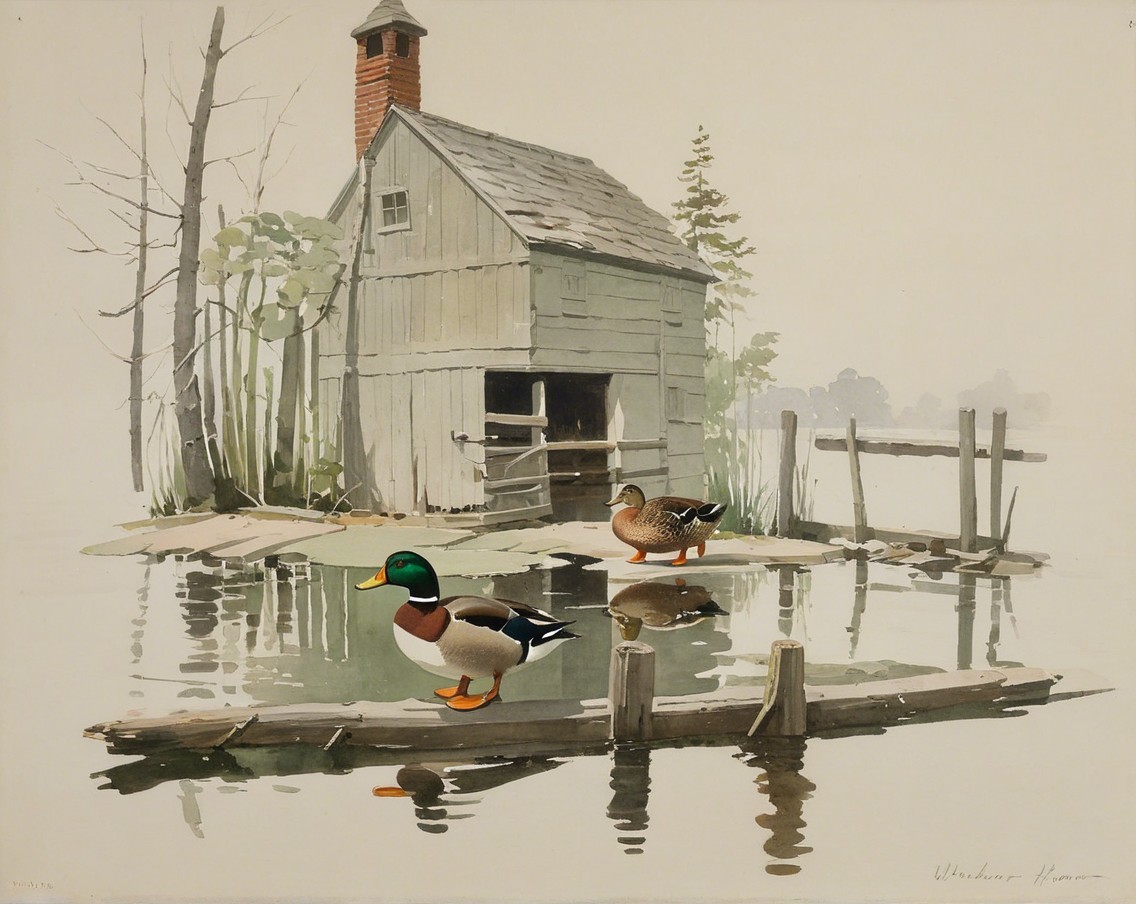 Serene Landscape with Cabin and Ducks by Water