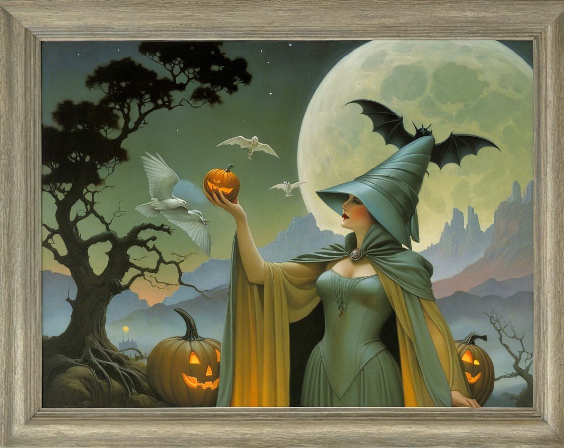 Witch with Glowing Pumpkin in Enchanting Halloween Scene